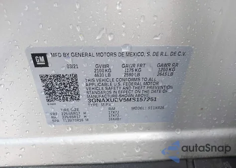 2021 Chevrolet Equinox Awd Lt z USA, uszkodzony, nr VIN 3GNAXUEV5MS157251